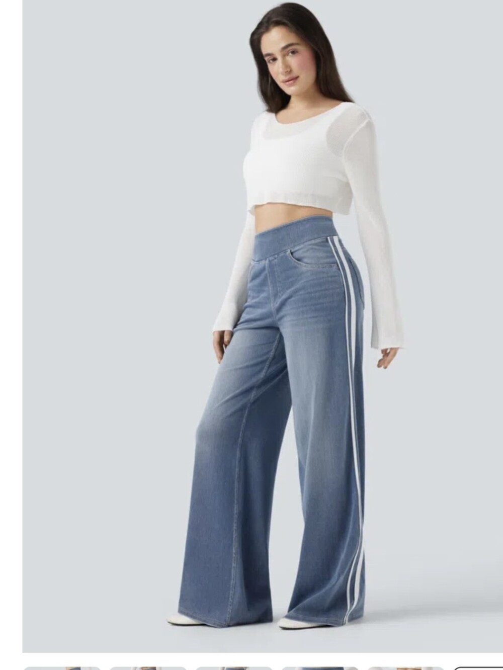 HALARA Light Blue Wide Leg Flare Jeans with White Side Stripes